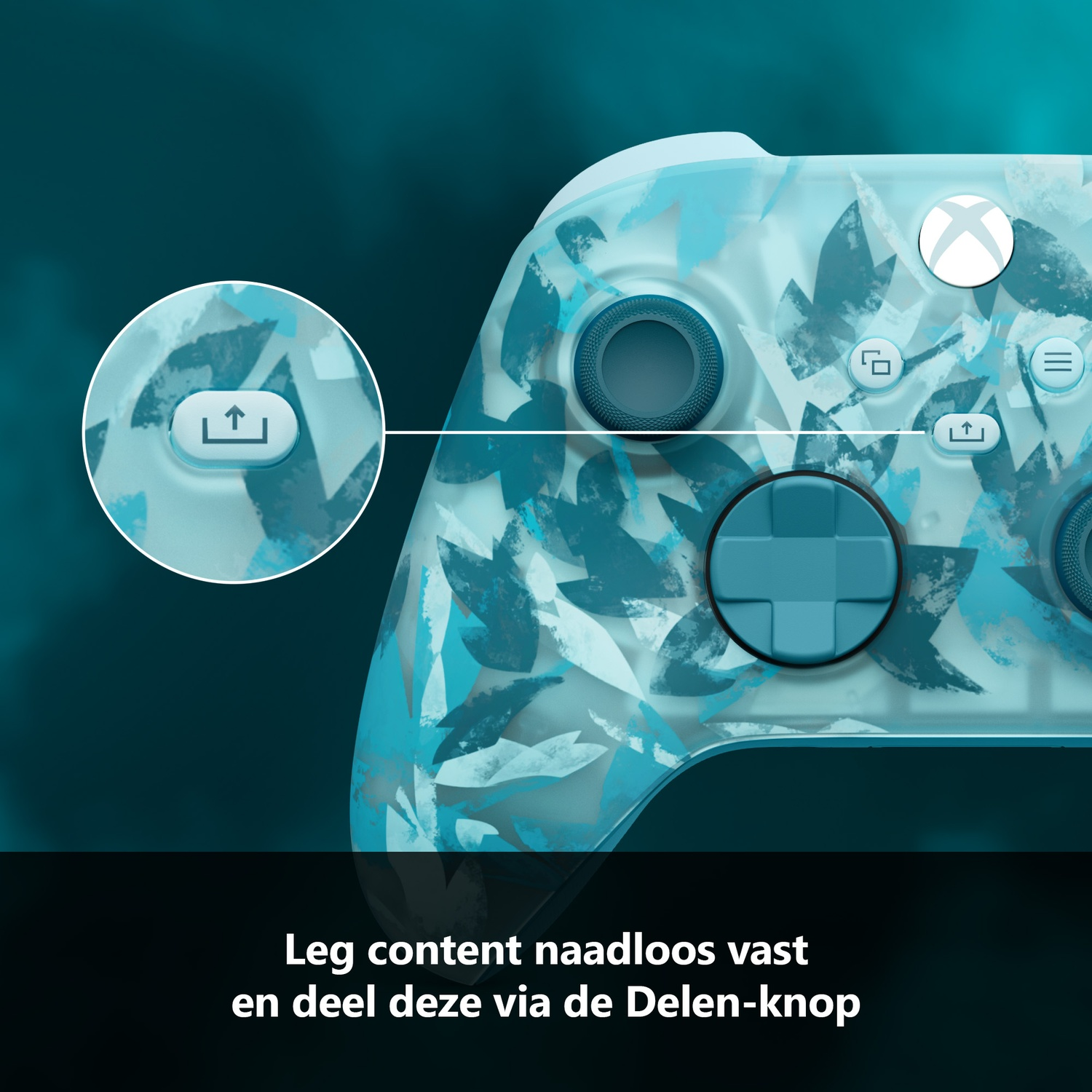 An Xbox controller with leaf pattern. Features include a share button and a circular button. Text at the bottom says 'Leg content naadloos vast'.