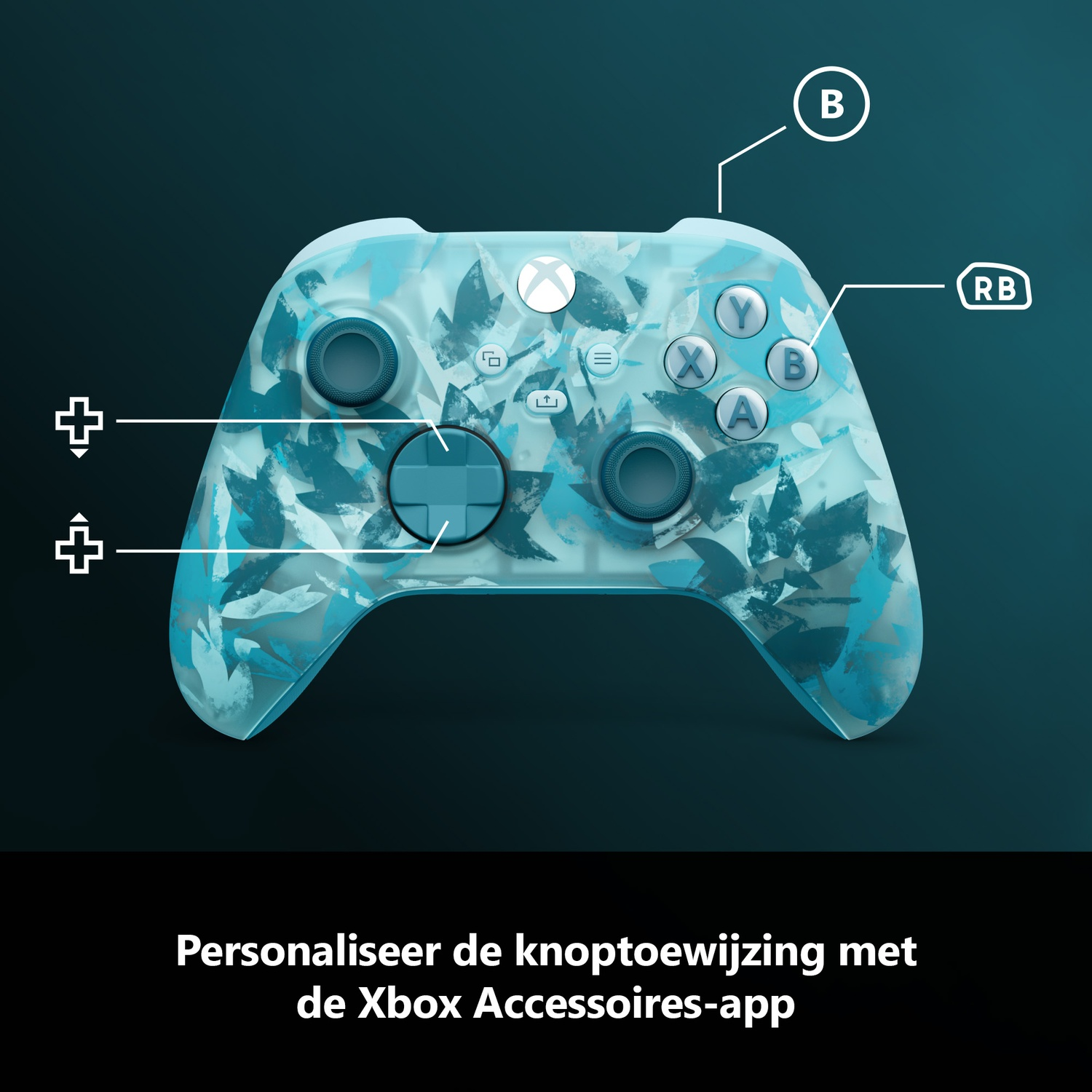An Xbox controller with a floral design. Buttons are labeled. Text at the bottom says, 'Personalize button mapping with the Xbox Accessories app'.