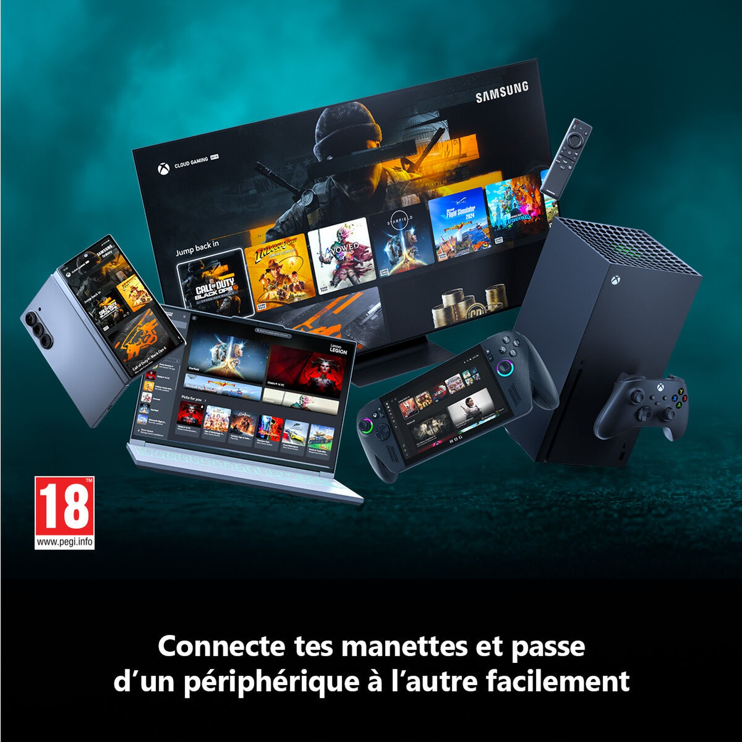 Une configuration de jeu avec une TV, un ordinateur portable, un téléphone et des consoles. Divers jeux sont affichés.