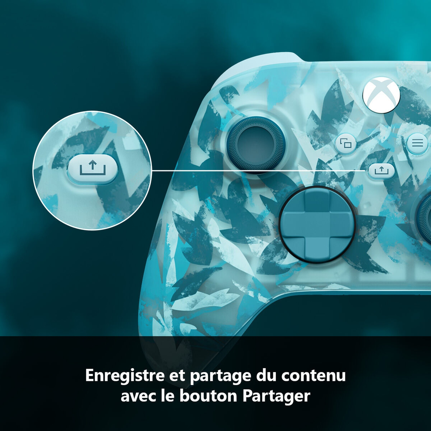 Une manette Xbox avec un motif de feuilles. Bouton de partage en surbrillance avec le texte 'Enregistre et partage du contenu avec le bouton Partager'.