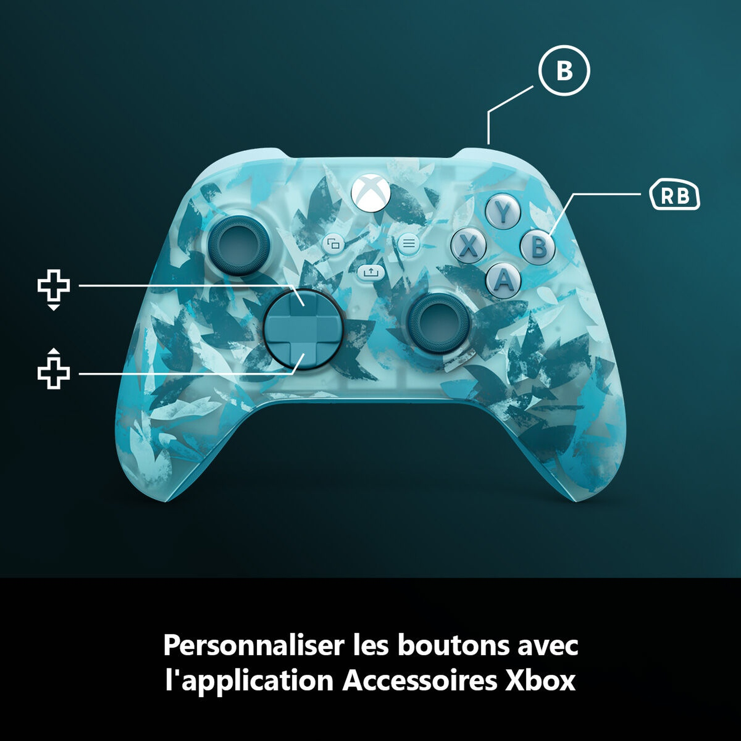 Une manette Xbox avec un motif floral bleu est montrée, avec des noms de boutons. Le texte dit : 'Personnaliser les boutons avec l'application Accessoires Xbox'.