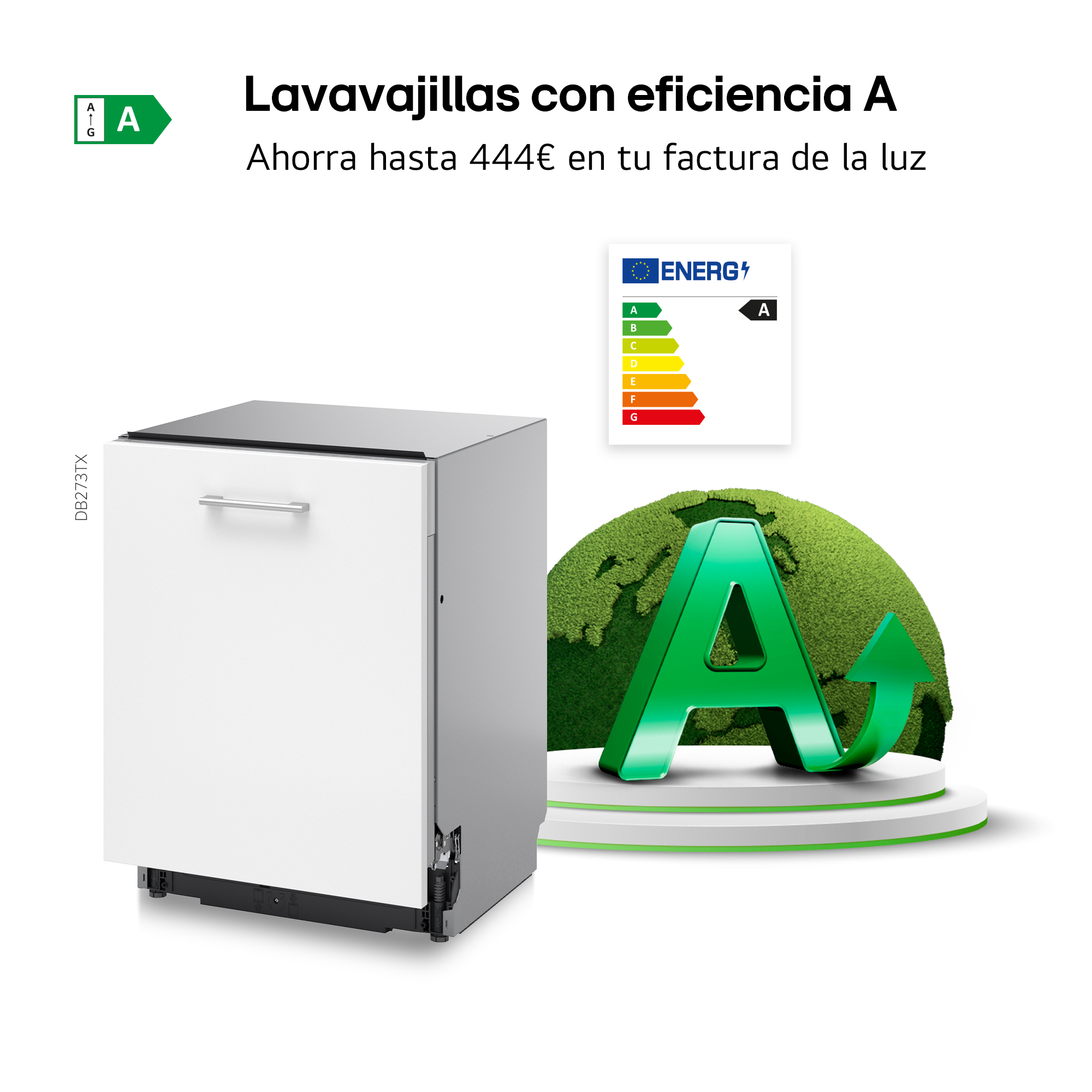 Un 20% más eficiente que A. Ahorra hasta 541€ en tu factura de la luz. Lavavajillas e iconos de energía A sobre fondo verde.