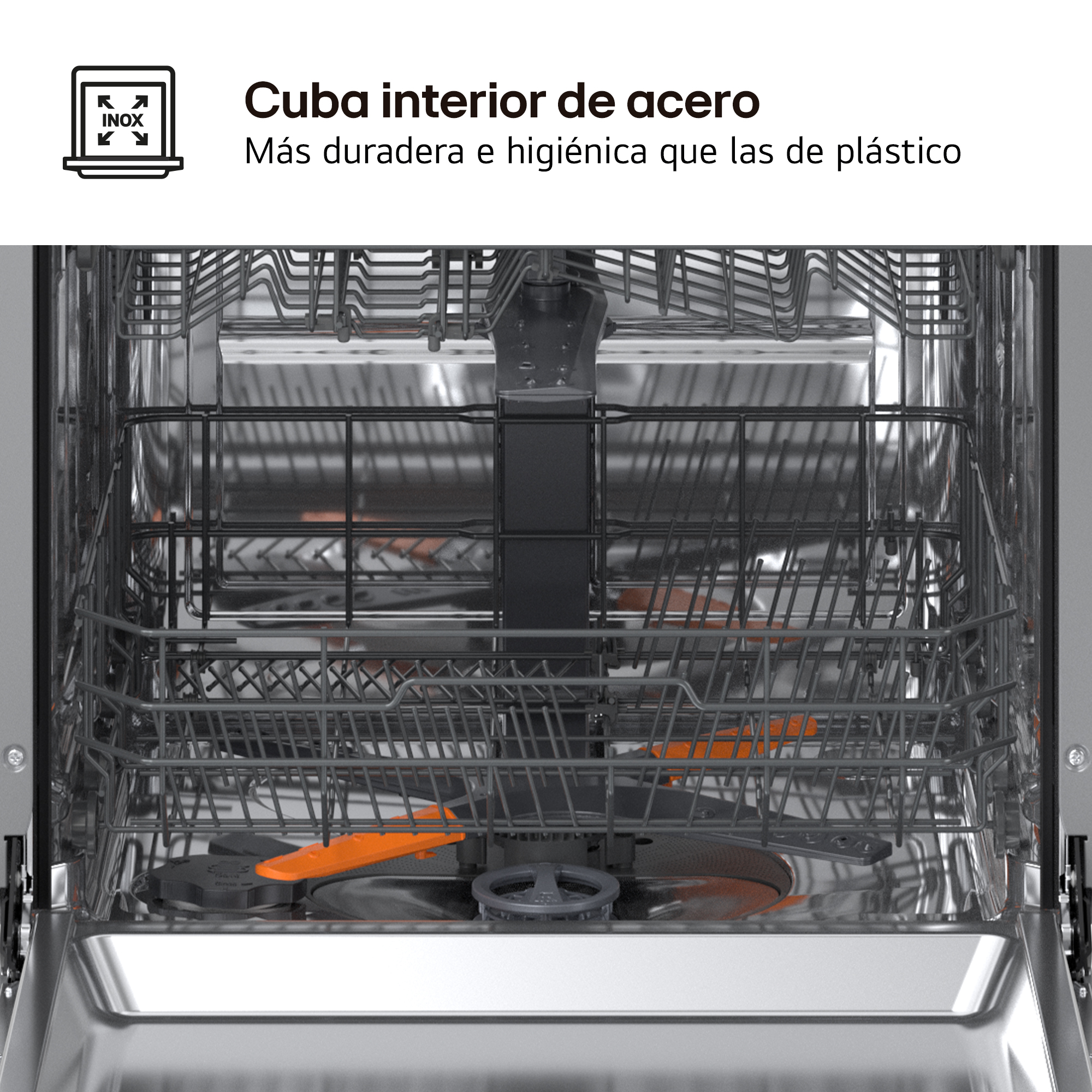 Cuba interior de acero. Más duradera e higiénica que las de plástico. Vista frontal del interior inoxidable del lavavajillas.