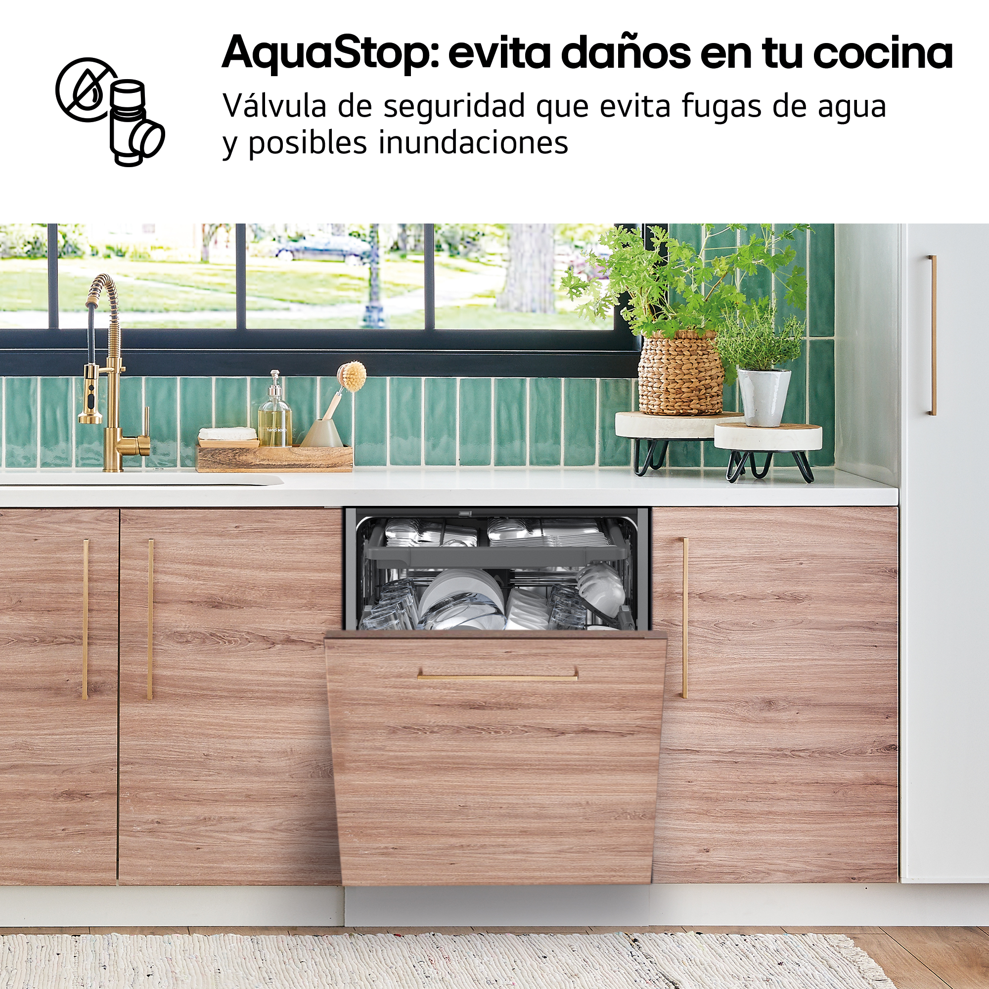 AquaStop: evita daños en tu cocina. Válvula de seguridad que evita fugas de agua y posibles inundaciones. Lavavajillas integrado en cocina.
