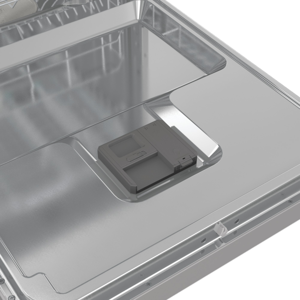 Zbliżenie wnętrza zmywarki. Otwarte drzwi odsłaniają szary dozownik detergentu i wnętrze ze stali nierdzewnej.