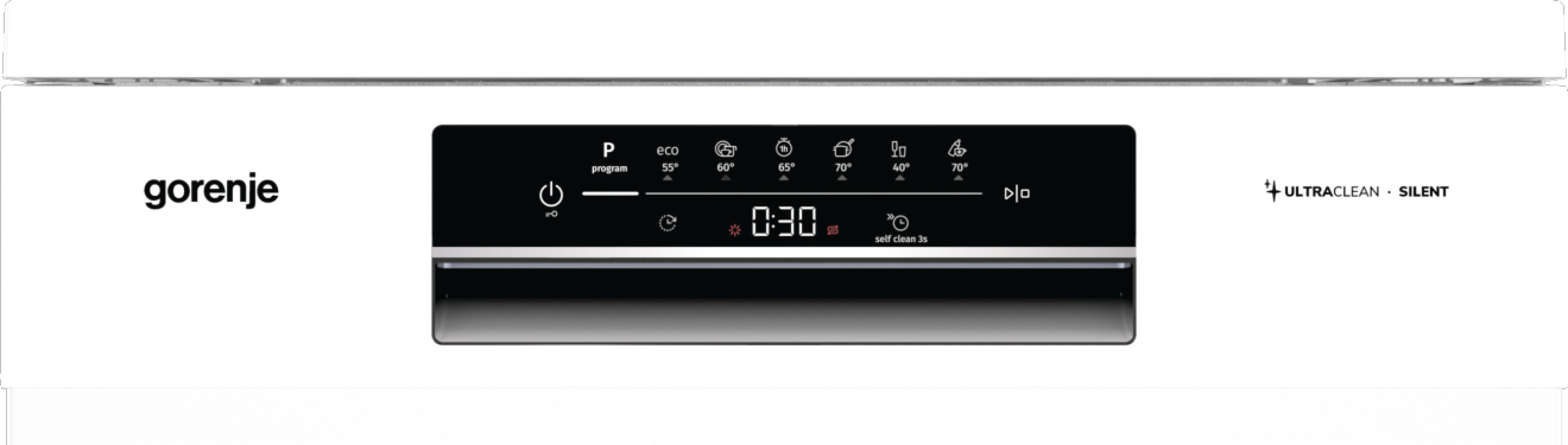 Biała zmywarka z czarnym panelem sterowania. Wyświetla timer, opcje programów i ustawienia temperatury.
