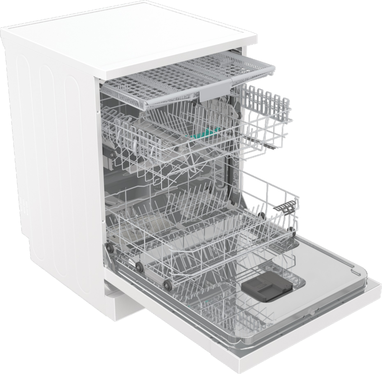 Biała zmywarka z otwartymi drzwiami. Widoczne metalowe kosze wewnętrzne. Górny kosz jest wysunięty. Dolny kosz również jest obecny.