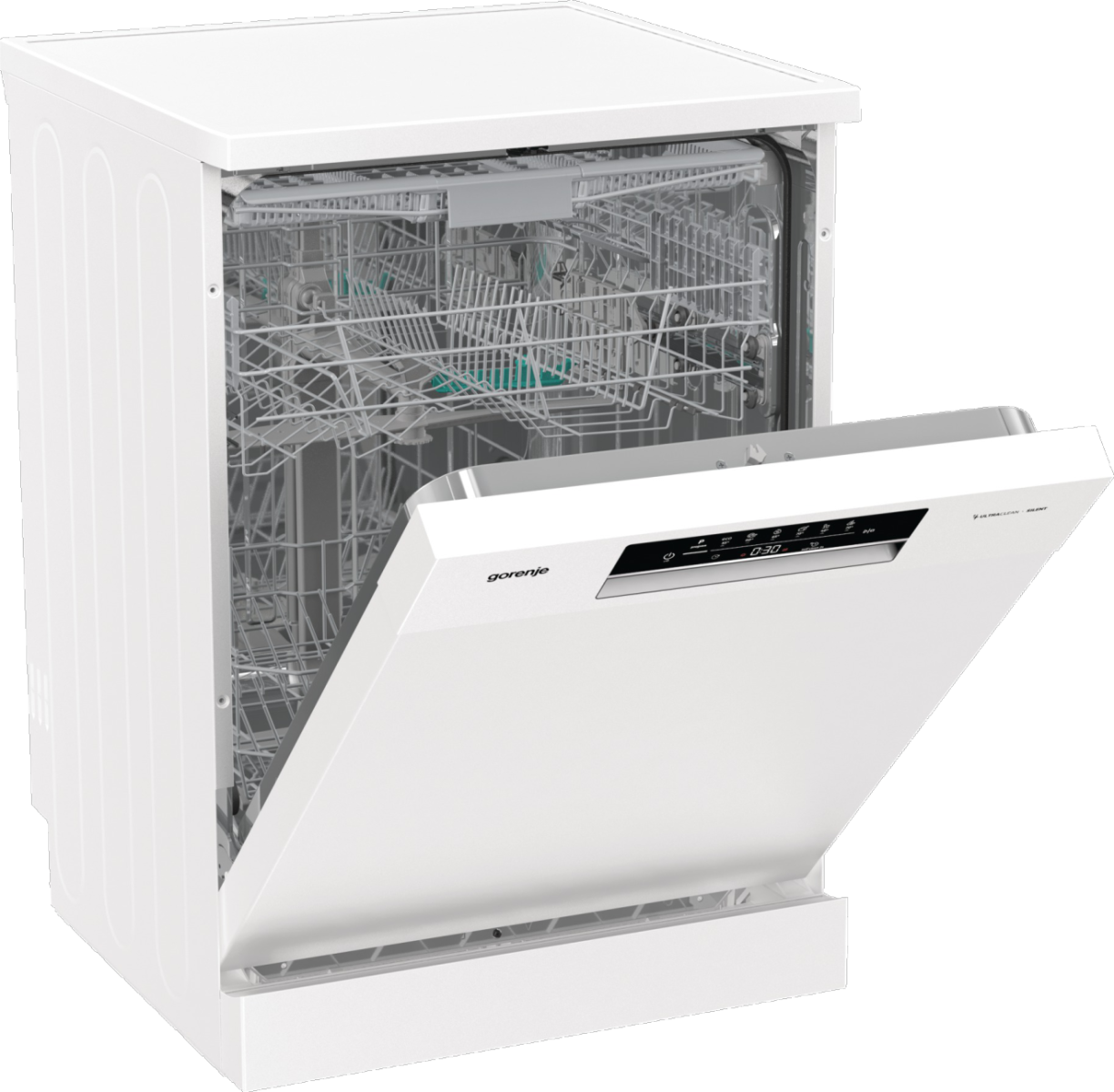 Biała zmywarka z otwartymi drzwiami. Wnętrze pokazuje kosze i ramiona natryskowe. Widoczny jest cyfrowy wyświetlacz.