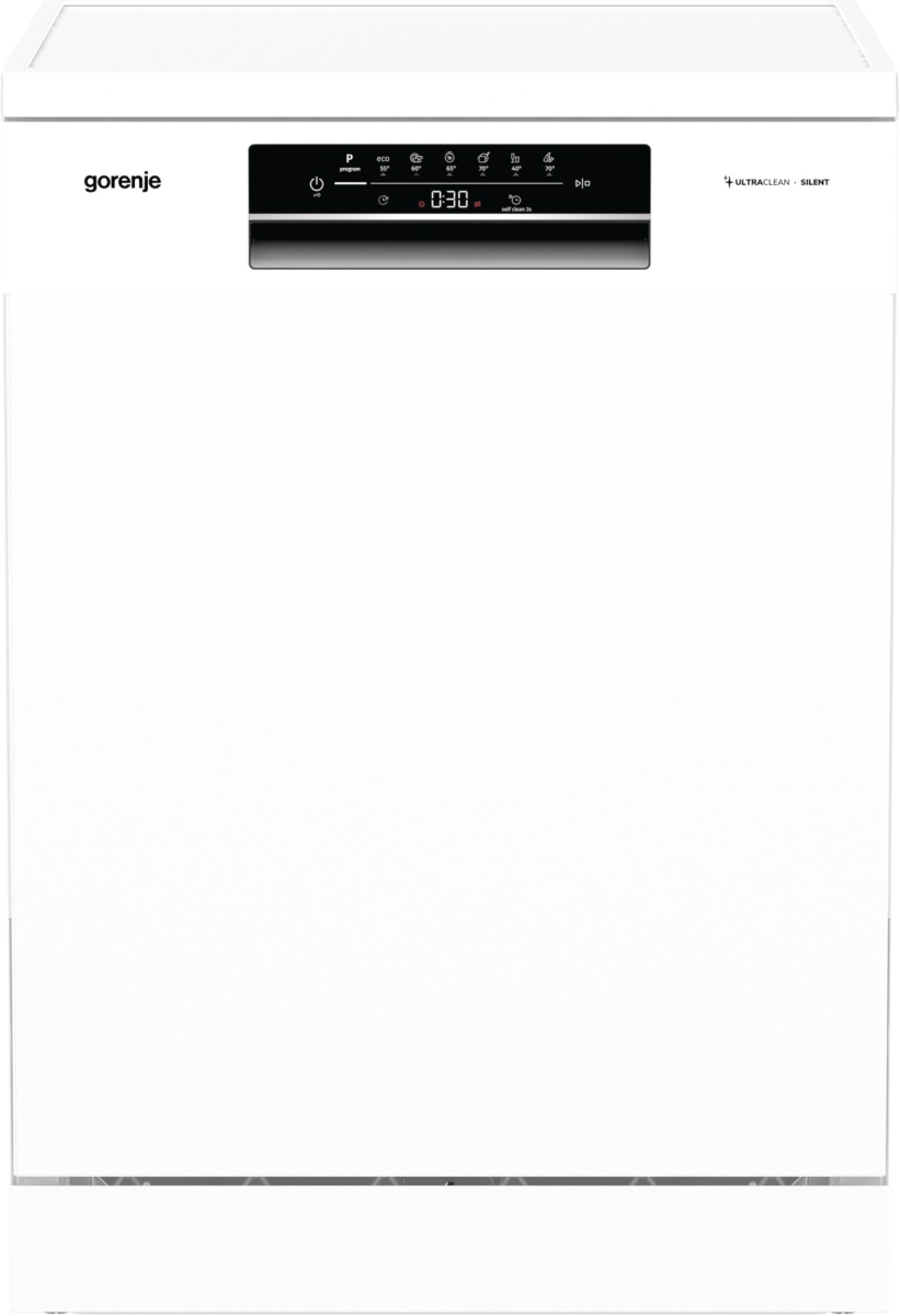 Biała zmywarka Gorenje. Ma czarny panel sterowania z przyciskami i wyświetlaczem cyfrowym. Widoczne jest słowo 'Gorenje'.
