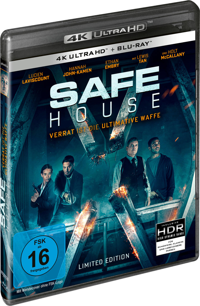 Safe House Blu-ray Cover. Schauspieler stehen vor einer zerbrochenen Struktur. Text beinhaltet Namen und '4K Ultra HD'.