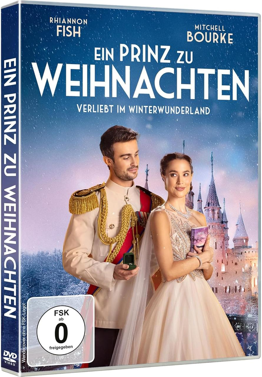 Ein Filmcover zeigt ein Paar in königlicher Kleidung vor einer Schlosskulisse. Der Text lautet 'Ein Prinz zu Weihnachten'.