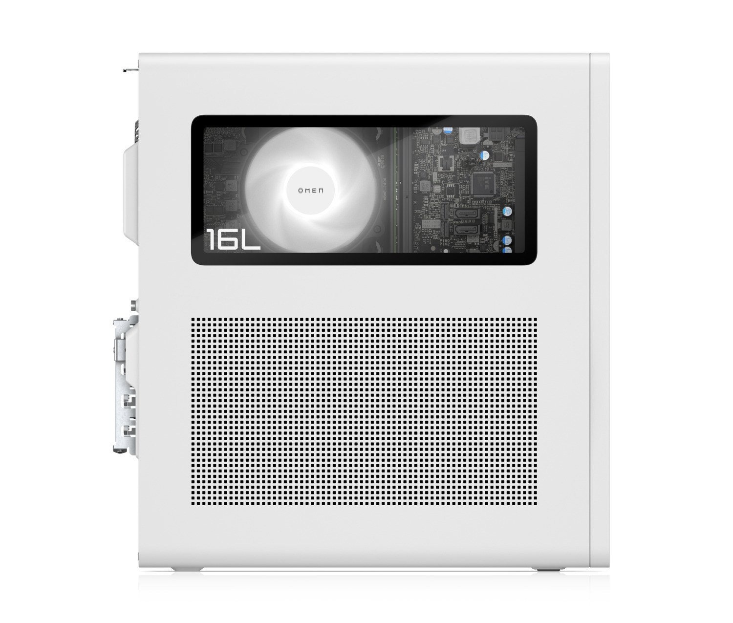 Carcasa de PC Omen blanca. Un panel lateral transparente muestra los componentes internos. La parte frontal tiene una sección perforada.