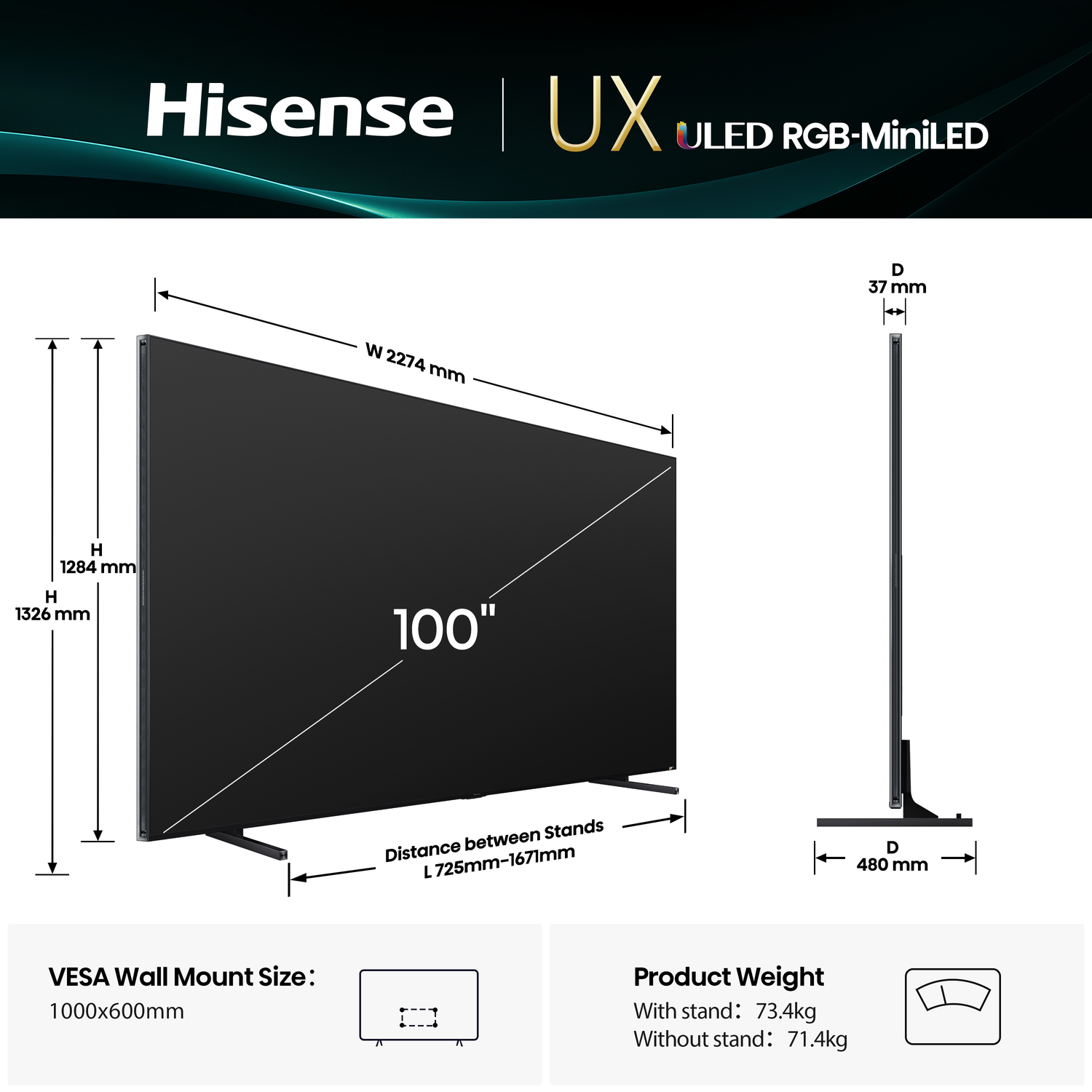 A large Hisense UX ULED 100" TV with dimensions labeled. Includes VESA wall mount size and product weight details.