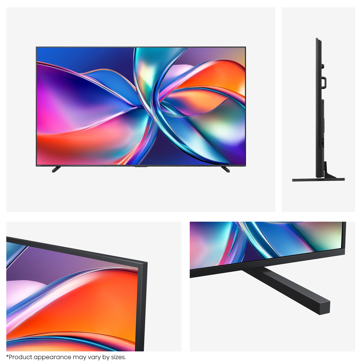 Een flatscreen-tv toont abstracte, kleurrijke kunst. De tv is zwart en heeft een dun frame, met een zwarte standaard.