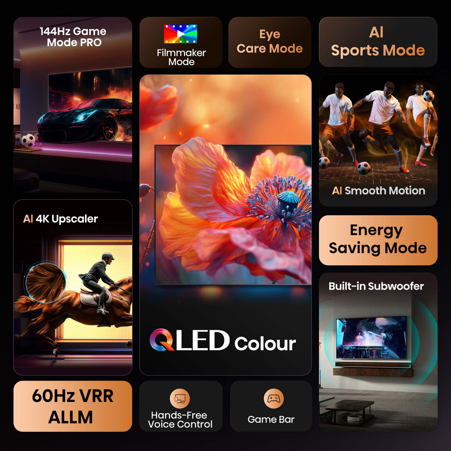 Een tv met functies zoals een 144Hz-gamemodus, AI-sportmodus en een ingebouwde subwoofer. Toont beelden van een auto, paard en voetballers.