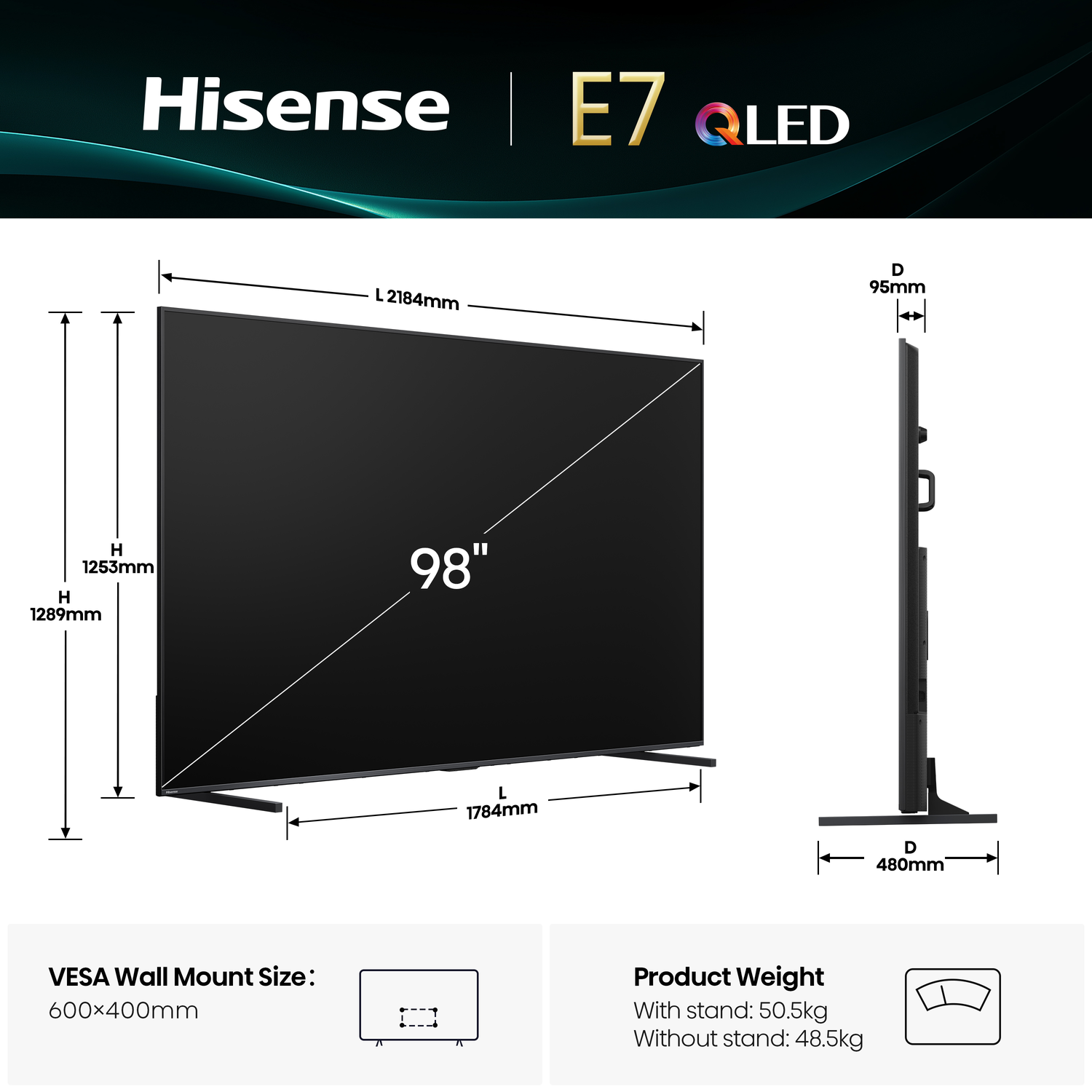 Een Hisense E7 QLED tv, 98 inch scherm, met afmetingen en gewichtsdetails. Toont voor- en zijaanzicht van de tv. Zwarte afwerking.