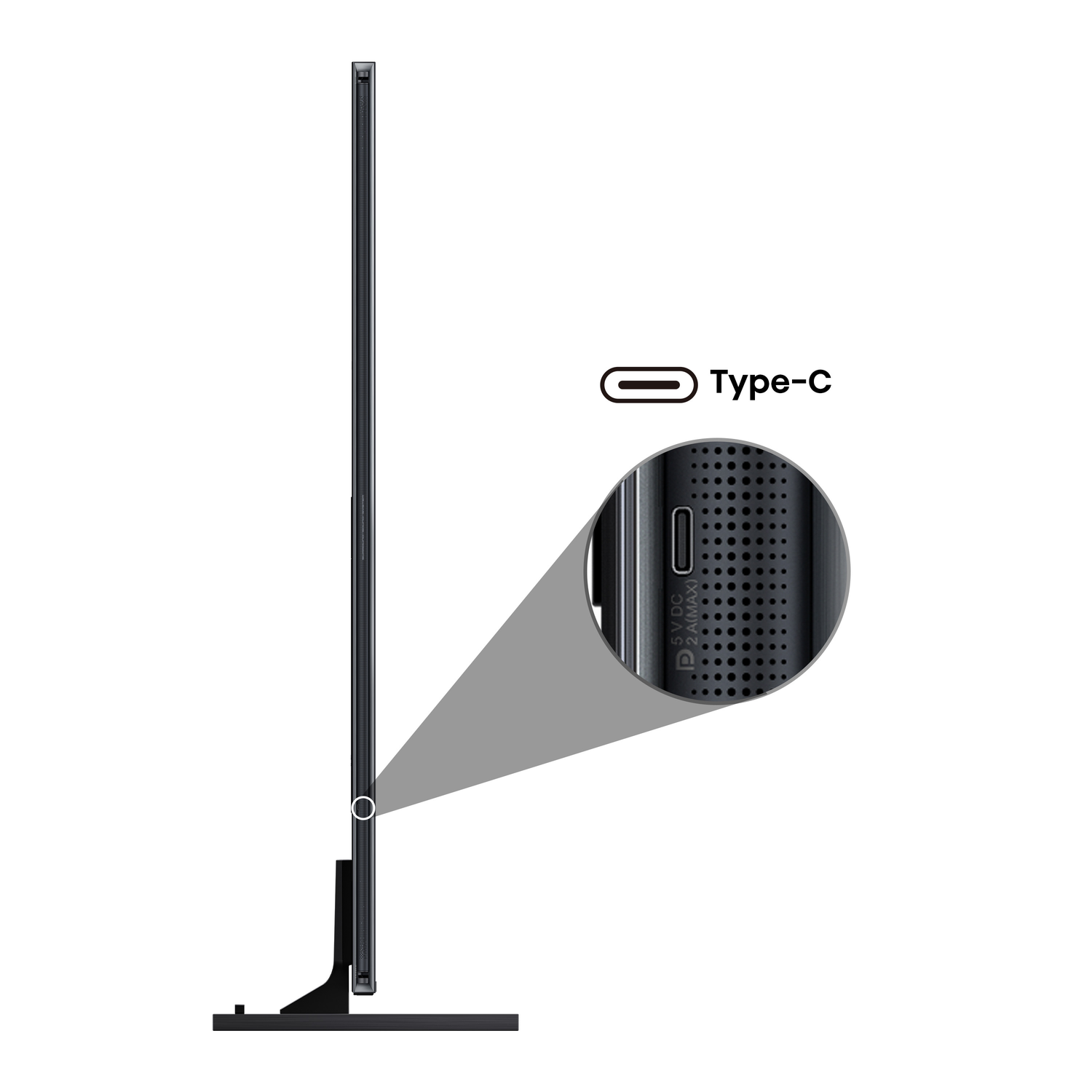 Zijaanzicht van een slanke zwarte monitor met detail van de Type-C-poort. De poort wordt in een vergrote weergave met tekst getoond.