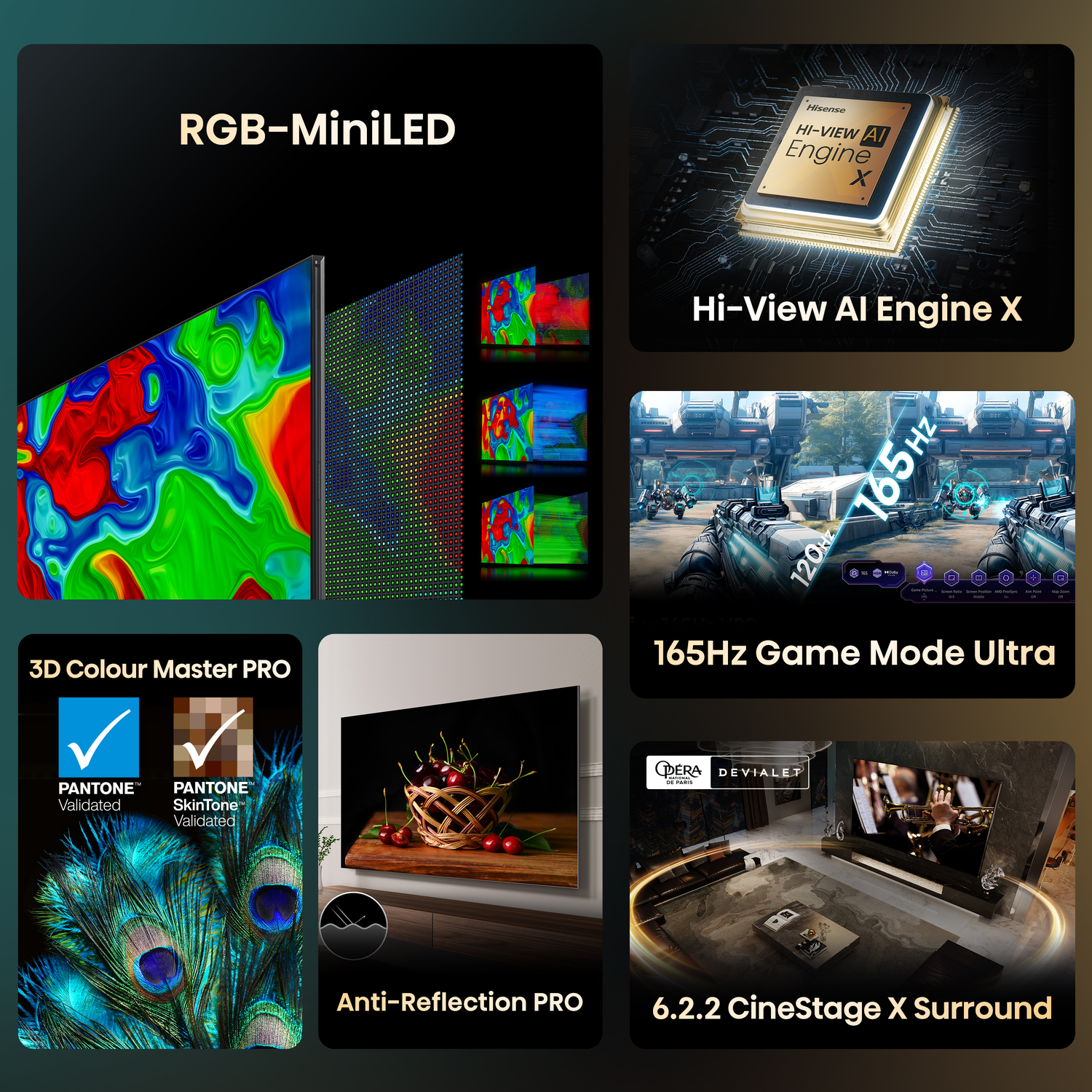 Promotieafbeelding van een Hisense TV met functies als RGB-MiniLED, Hi-View AI Engine X en 165Hz Game Mode Ultra.