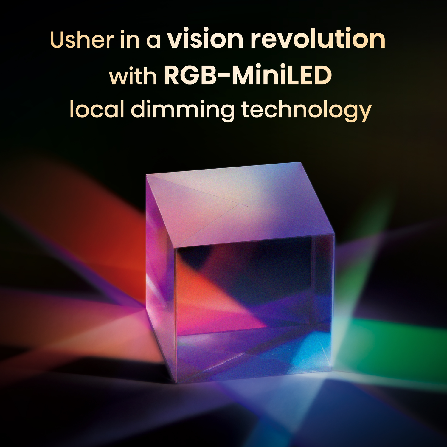 Een kleurrijke, geometrische kubus met lichtstralen die ervan uitgaan. Tekst erboven zegt 'Usher in a vision revolution'.