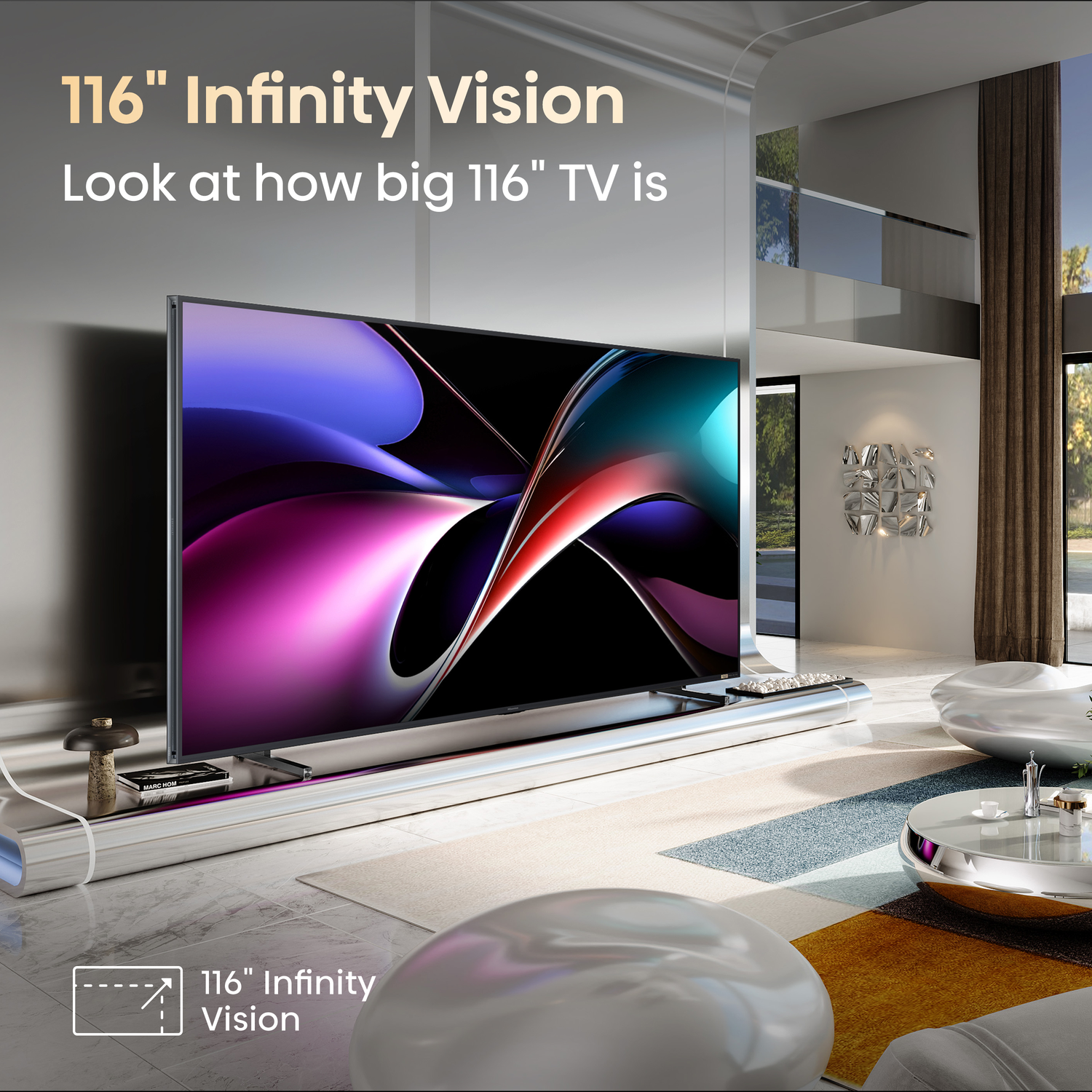 Een grote tv toont een kleurrijke abstracte afbeelding. De tv staat in een lichte woonkamer met futuristische meubels.
