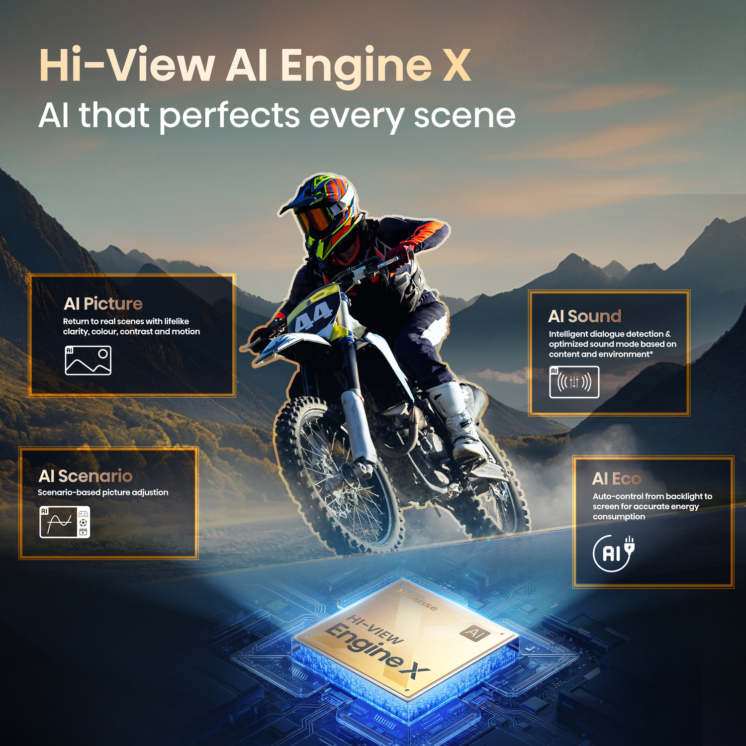 Een motorcrosser op een motor in de lucht. De afbeelding heeft tekst over Hi-View AI Engine X en belicht de functies ervan.