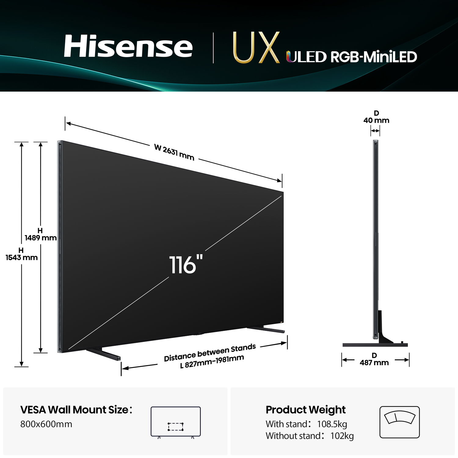 Een 116-inch Hisense UX ULED tv. Afmetingen worden weergegeven, waaronder hoogte, breedte en afstand van de voet. Productgewicht en VESA-maat worden ook getoond.