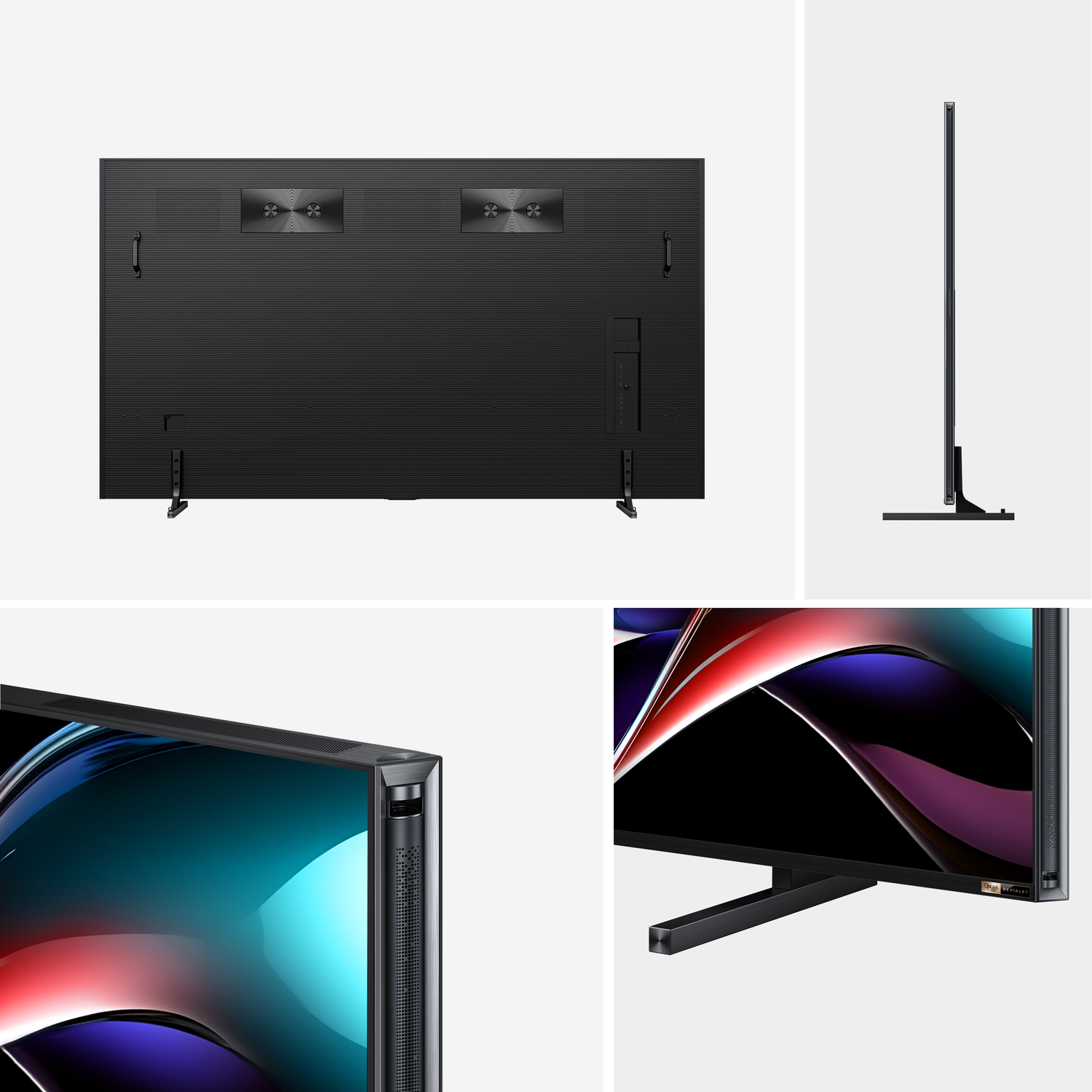 A black TV is shown from back, side, and detail angles. It has a slim design, stands, and speaker details. The screen displays colorful graphics.