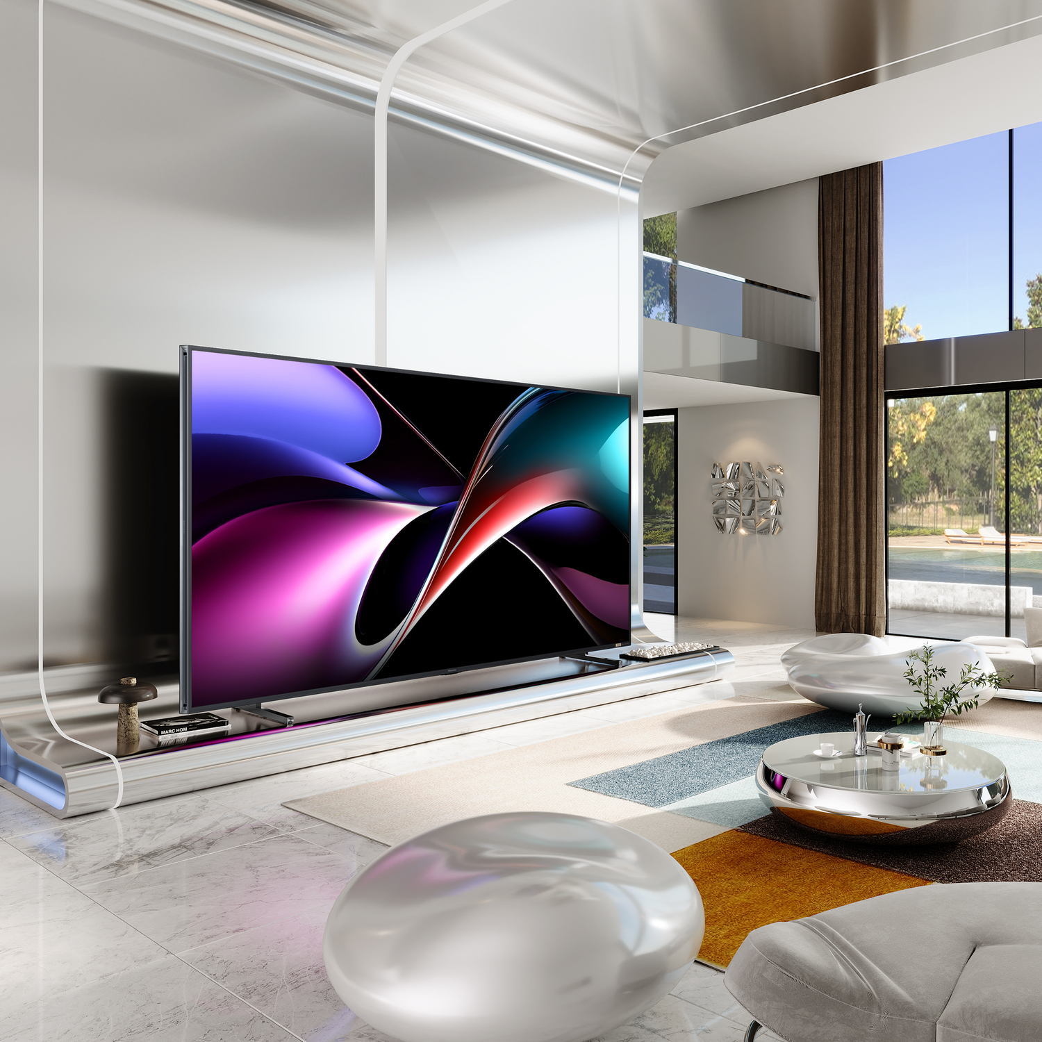 A modern living room features a large TV, stylish furniture, and a view of a pool. The TV displays abstract art.