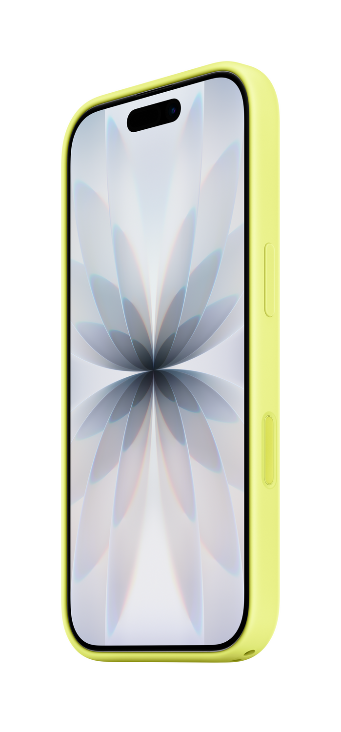 Un teléfono inteligente en una funda verde claro. La pantalla muestra un diseño floral. El fondo es blanco.
