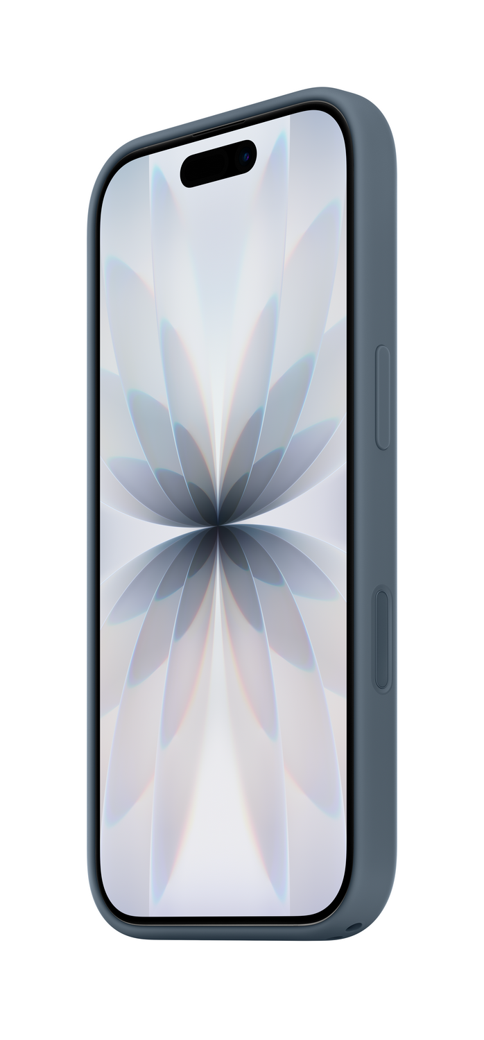 Un smartphone en una funda azul. La pantalla muestra un diseño floral blanco y gris. El fondo es blanco.