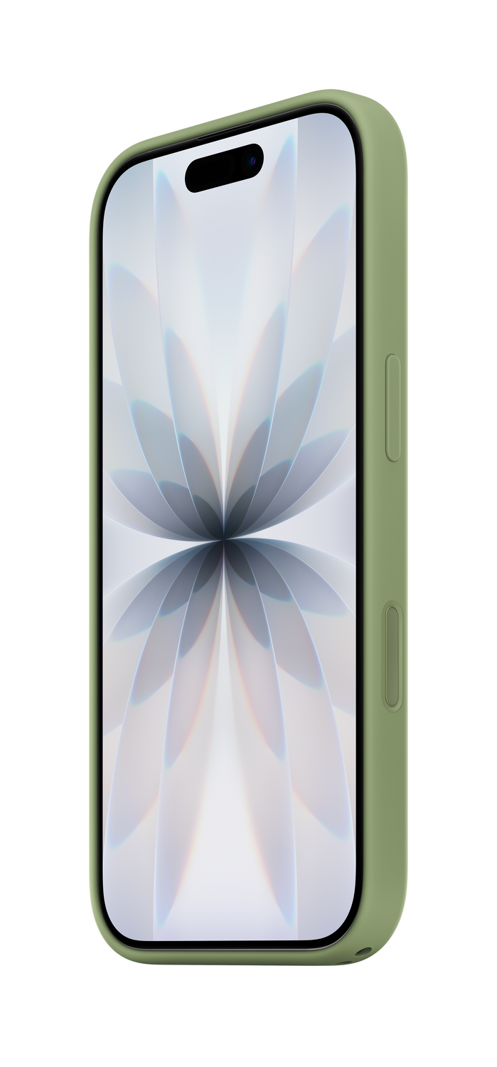 Un smartphone con una funda verde. La pantalla muestra un diseño floral blanco. El teléfono está ligeramente inclinado.