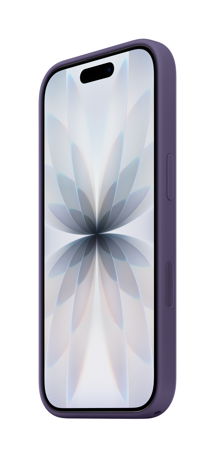 Un smartphone con una funda morada muestra un patrón floral en su pantalla. El teléfono está sobre un fondo blanco.