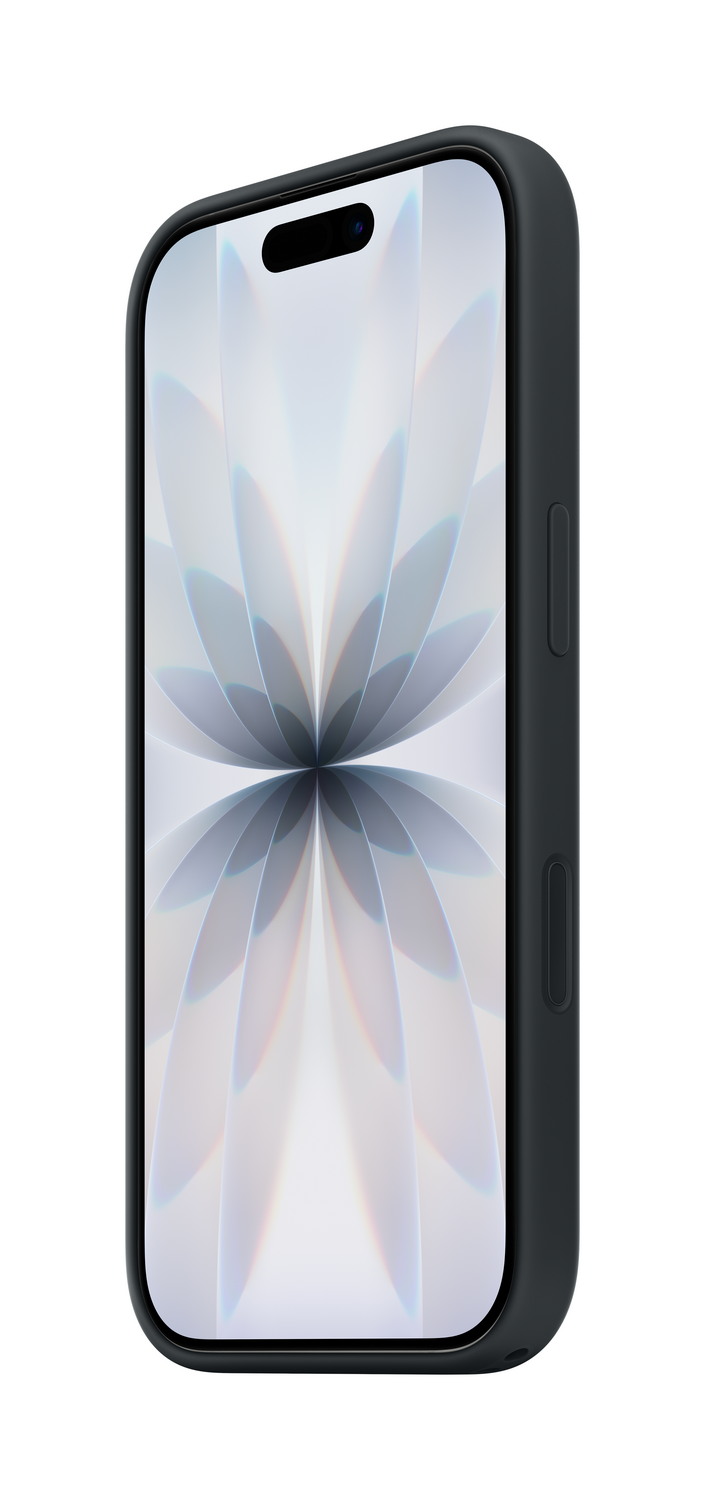Un smartphone negro se muestra en ángulo. La pantalla muestra un diseño blanco en forma de flor. El teléfono está en una funda negra.