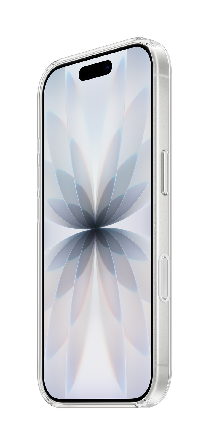 Un smartphone con una funda transparente está ligeramente inclinado. La pantalla muestra un diseño floral. La funda tiene botones.