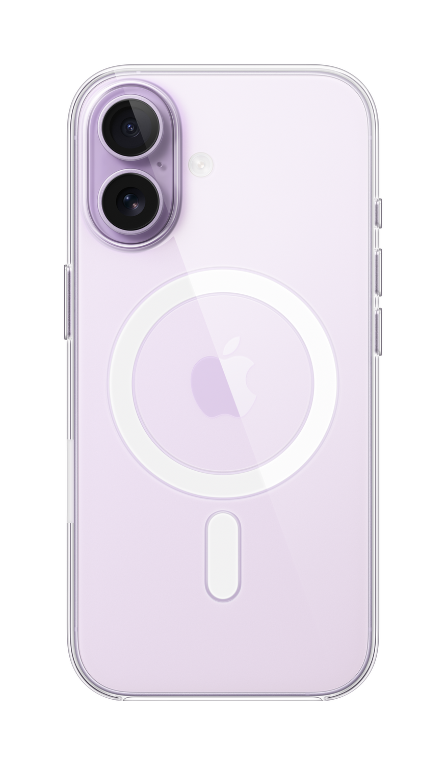 Una funda transparente para teléfono envuelve un iPhone morado. Se ven la cámara, botones y un anillo MagSafe con el logo de Apple.