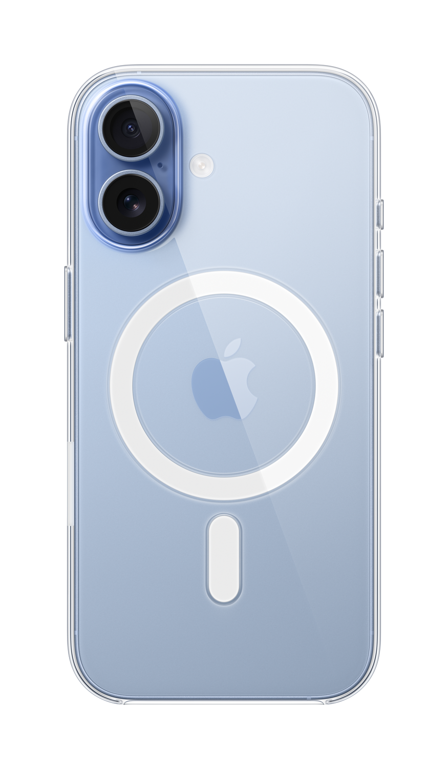 Una funda transparente para teléfono sobre un teléfono azul claro. Visibles lentes de cámara, logo Apple, y anillo MagSafe.