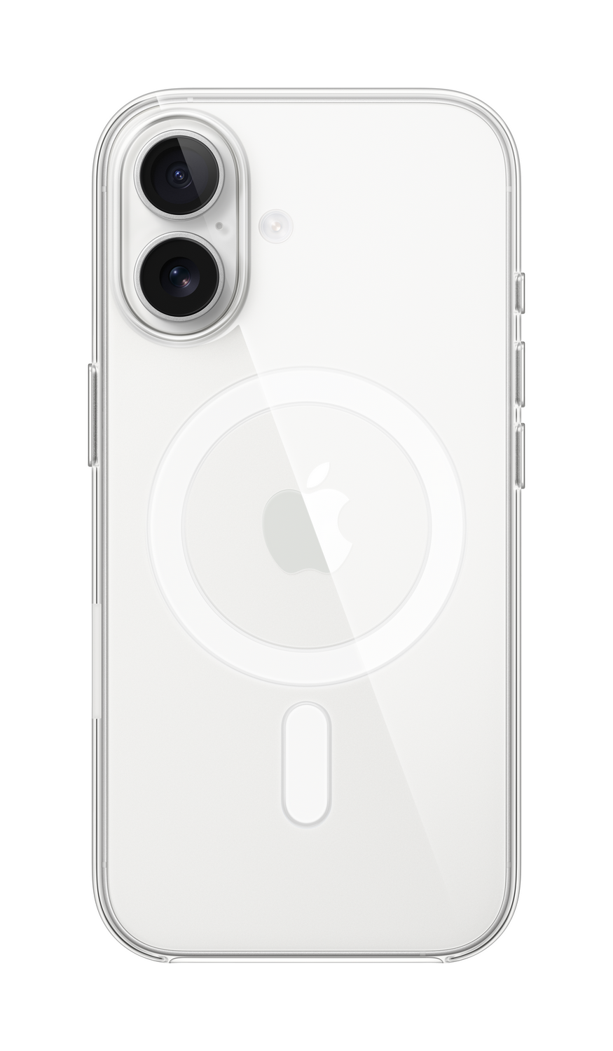 Funda transparente para iPhone. Visibles la cámara dual, el logotipo de Apple y los botones laterales. La funda tiene un anillo MagSafe y una ranura inferior.