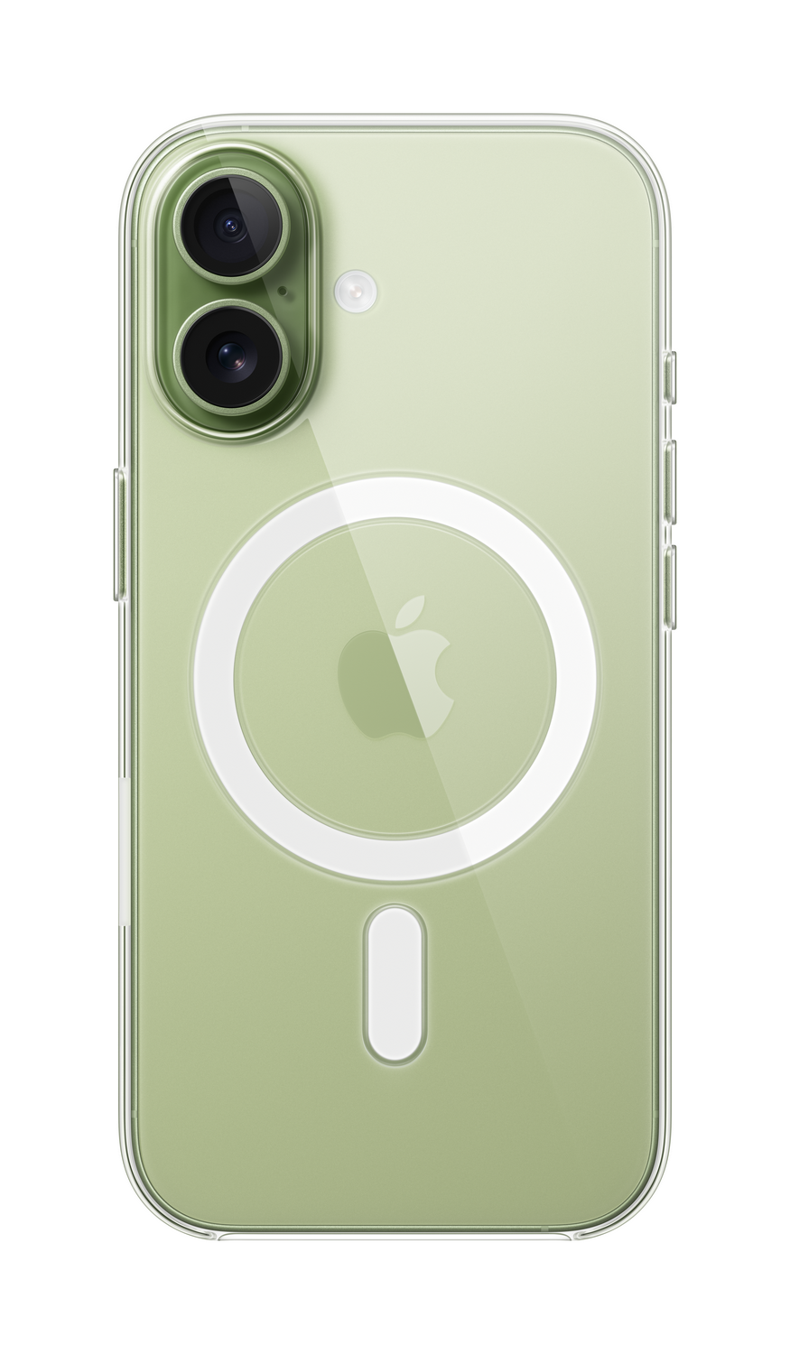 Un iPhone verde en una funda transparente. Visibles son la cámara dual, un anillo blanco, el logotipo de Apple y una forma oblonga blanca.