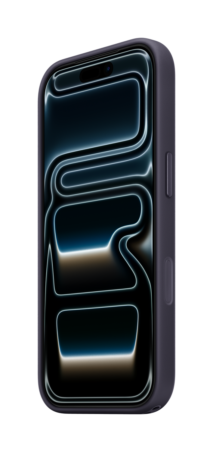 Un teléfono inteligente azul oscuro con una funda. La pantalla muestra un diseño abstracto brillante con gradiente azul claro y marrón.