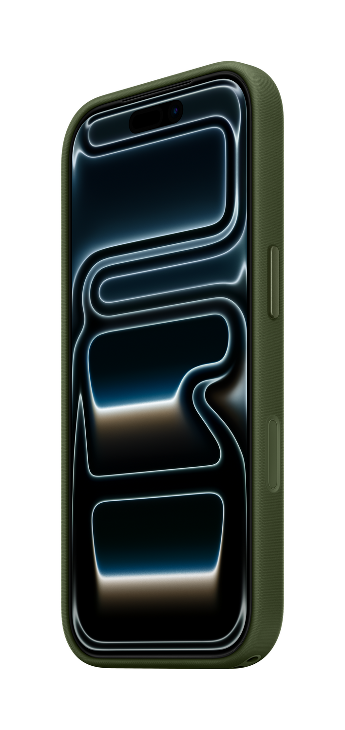 Un smartphone con una funda verde. La pantalla muestra un diseño ondulado con tonos azules y marrones. El fondo es blanco.