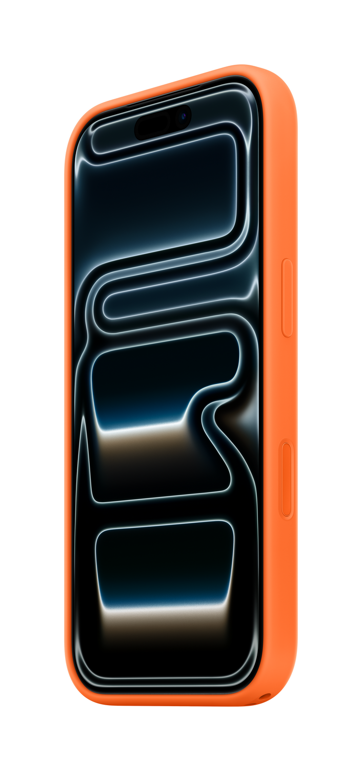 Una funda naranja para teléfono encapsula un teléfono inteligente negro con un diseño blanco brillante único en la pantalla.