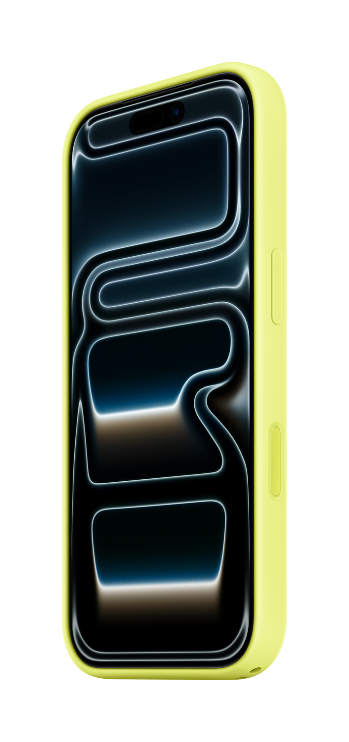 Un teléfono inteligente en una funda amarillo claro. La pantalla tiene un fondo oscuro con líneas brillantes. El teléfono está sobre un fondo blanco.