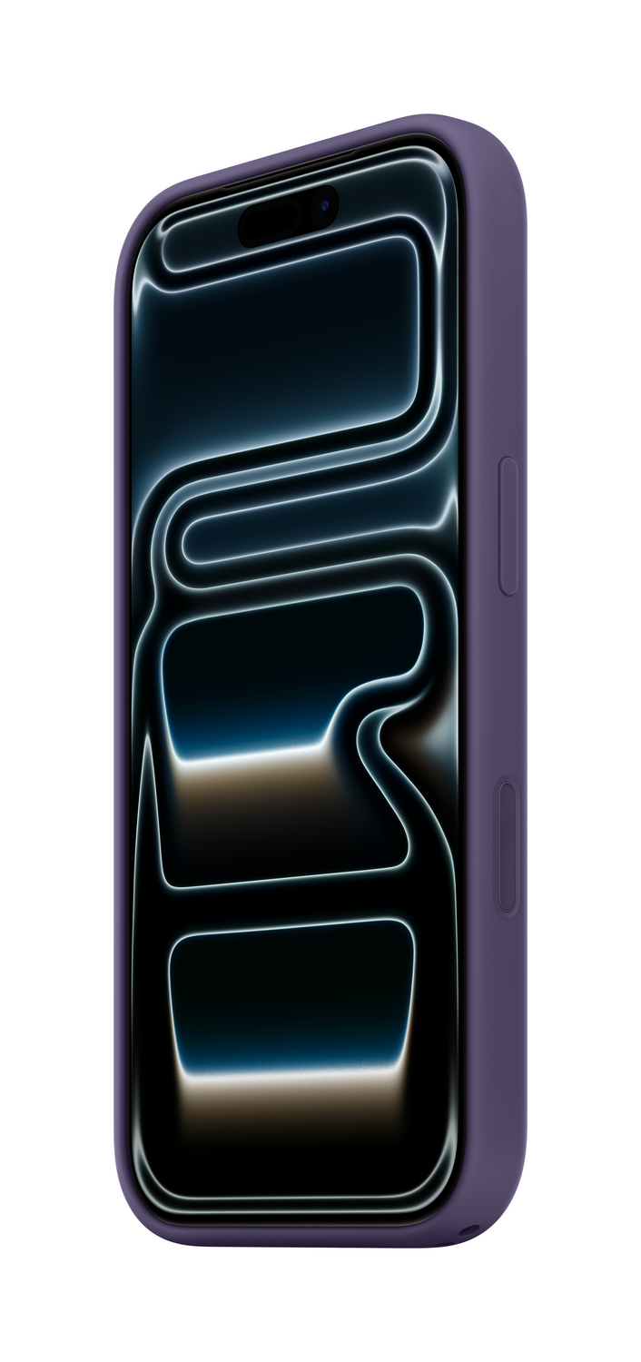 Un teléfono morado, en una funda morada, se muestra sobre un fondo blanco. La pantalla del teléfono muestra un diseño neón abstracto.