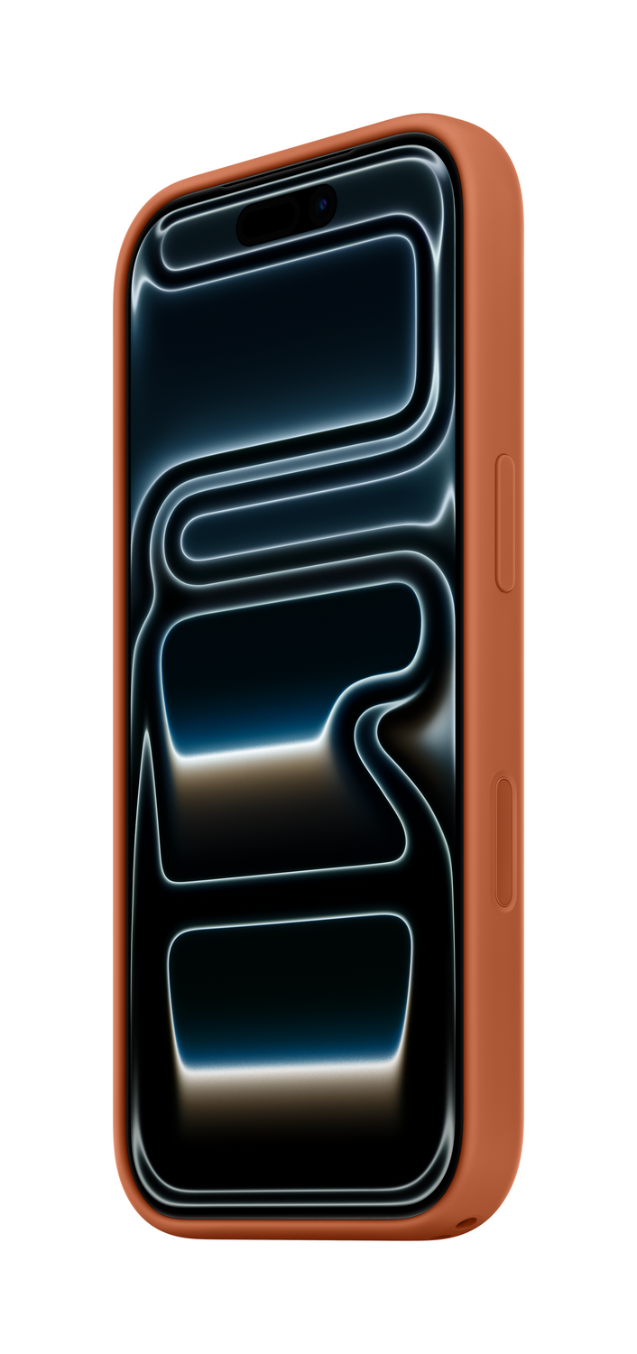 Una funda naranja para teléfono encierra un smartphone negro. La pantalla muestra un diseño abstracto en negro y azul. Se ven botones.