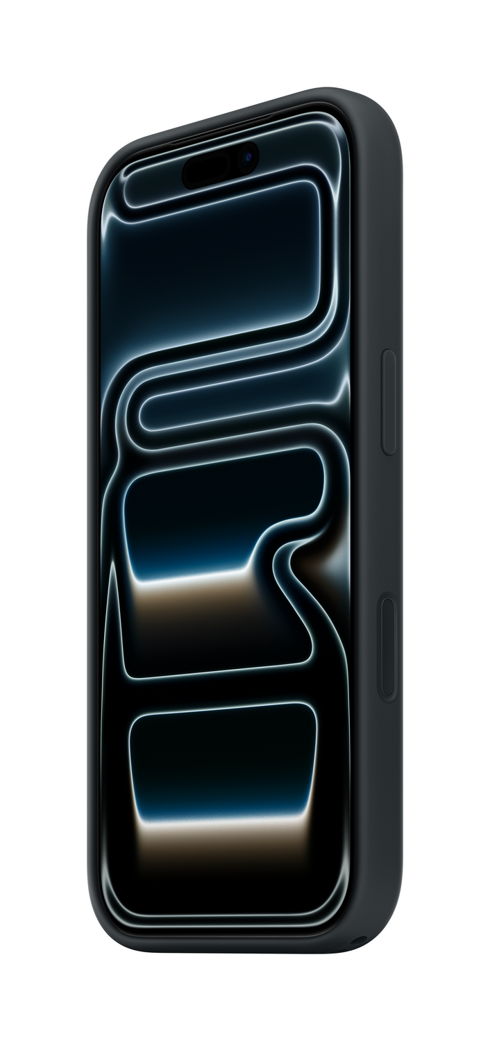 Smartphone negro en una funda. La pantalla muestra un diseño abstracto con contornos blancos y fondo negro. Fondo blanco.