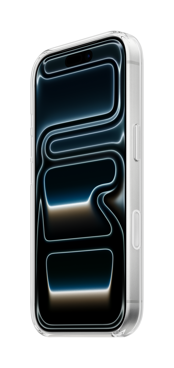 Un smartphone en una funda transparente. La pantalla muestra un diseño oscuro y abstracto con líneas brillantes azules y blancas.