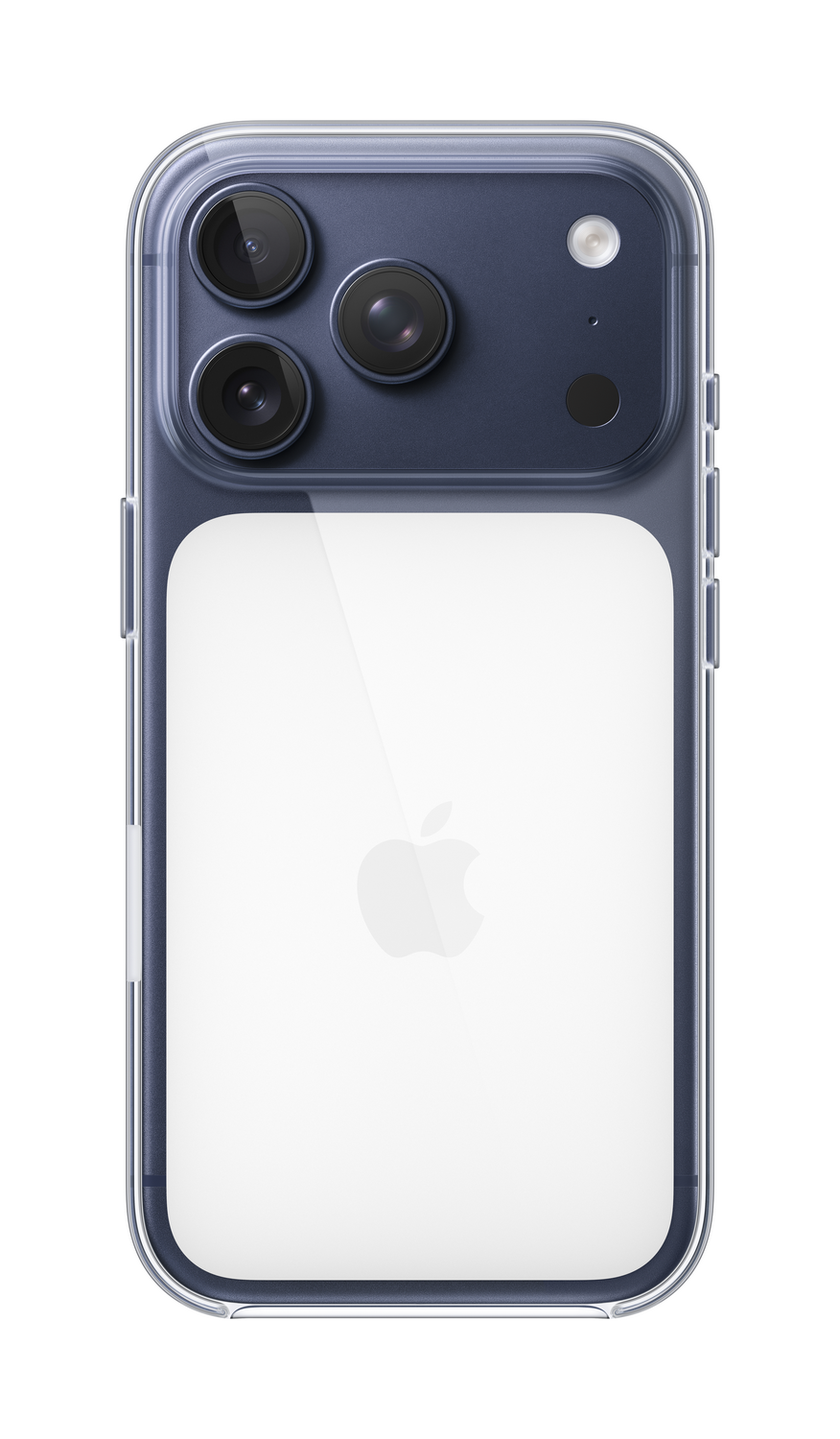 Un smartphone con una funda transparente. La parte trasera tiene tres cámaras, un flash y el logotipo de Apple. El teléfono es azul oscuro.