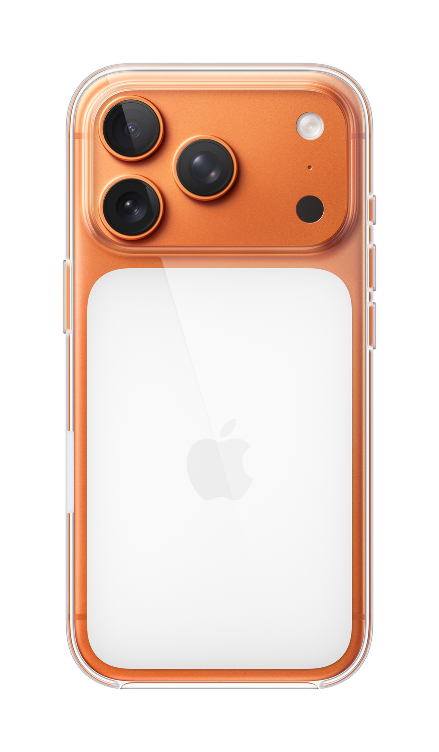 Parte trasera de un iPhone naranja en una funda transparente. Tres lentes de cámara, un flash y el logotipo de Apple son visibles.