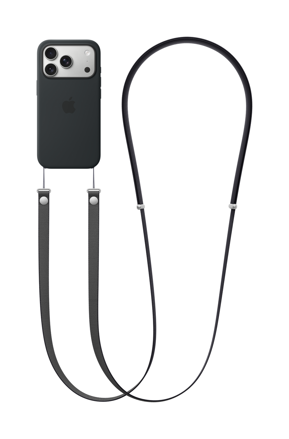 Un iPhone negro en una funda con un cordón negro. El teléfono tiene tres cámaras. El cordón tiene accesorios plateados.