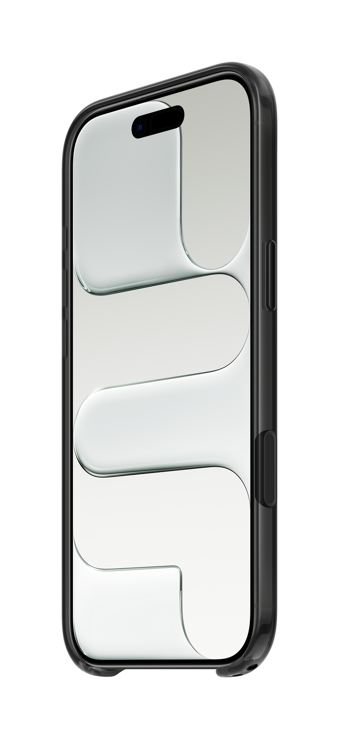 Un teléfono inteligente negro dentro de una funda transparente. La pantalla tiene un diseño blanco en forma de ola. El teléfono está sobre un fondo blanco.
